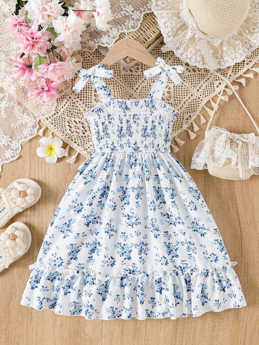 Flower Print Suspender Butterfly Ruffle Trim Young Girl's Dress