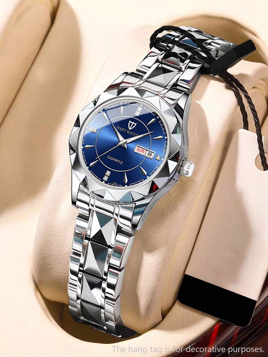 NARY 1 pièce Montre à quartz élégante pour femmes avec calendrier à la mode et cadran de jour, bracelet en acier inoxydable, convient pour le port quotidien et les fêtes