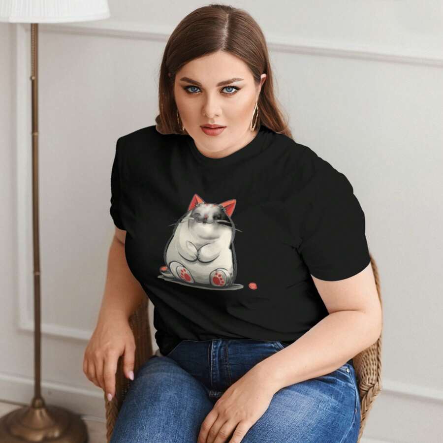 Japanese Cat T Shirt For Women'S, Casual Fashion Round Neck T-Shirt Shirt Tops