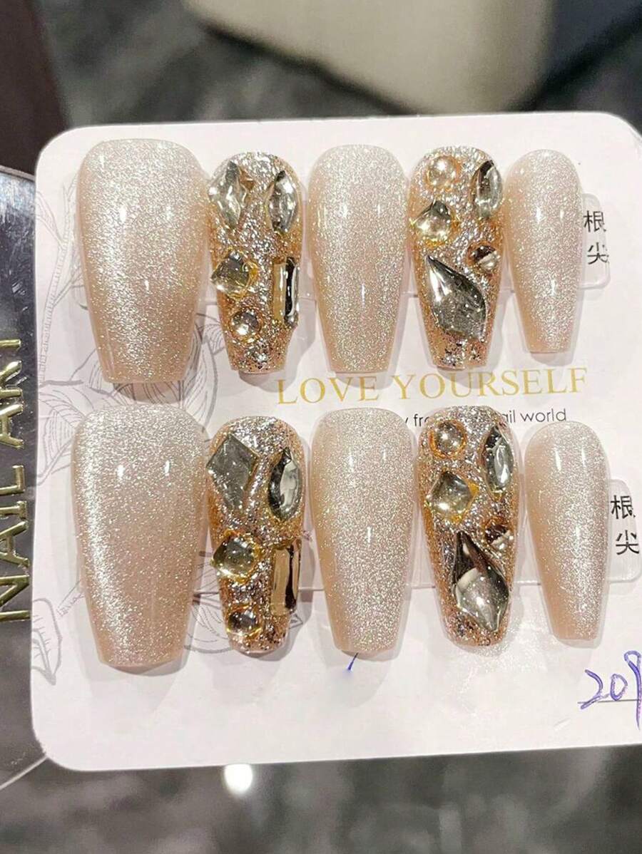10pcs Coffin Shaped Extra Long Artificial Nails With Champagne Gold Catseye Rhinestone Glitter Design, Removable, Elegant Ballet Finger Style Nail Art Decor Stickers For Party, Wedding, Daily Wear, Includes 1pc Nail File