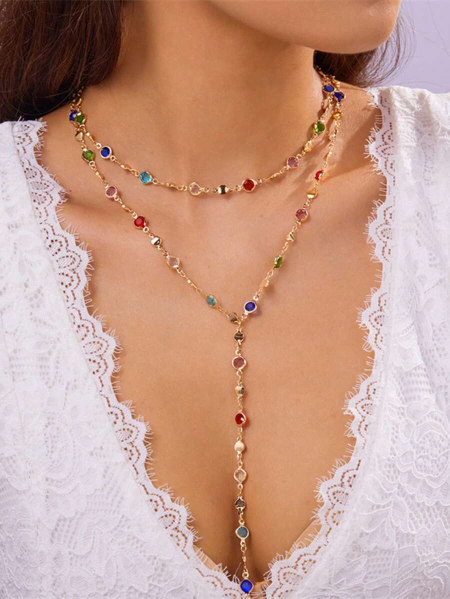 1 pièce de collier en métal en forme de Y avec chaîne ovale en zirconium de couleur aléatoire à la mode et personnalisé, convient pour les voyages, les sorties et les fêtes