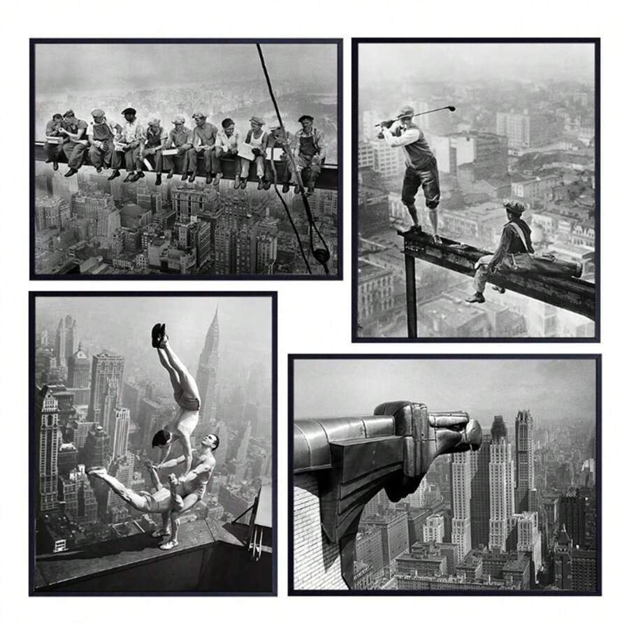 New York City Fotoset - Vintage NYC Skyline Muurkunst Decor Foto's - Poster Fotoafdrukken - Cadeau voor New Yorker, NY, Big Apple, Manhattan, Chrysler Building, Golf, Bouw Fans Ongeraamde Stijl