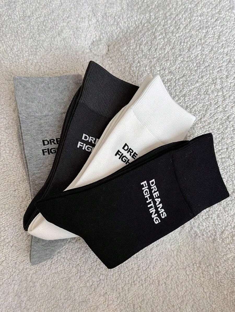 4 Pairs Women Classic Letter Pattern Casual School Daily Wear Sports Mid-Calf Socks