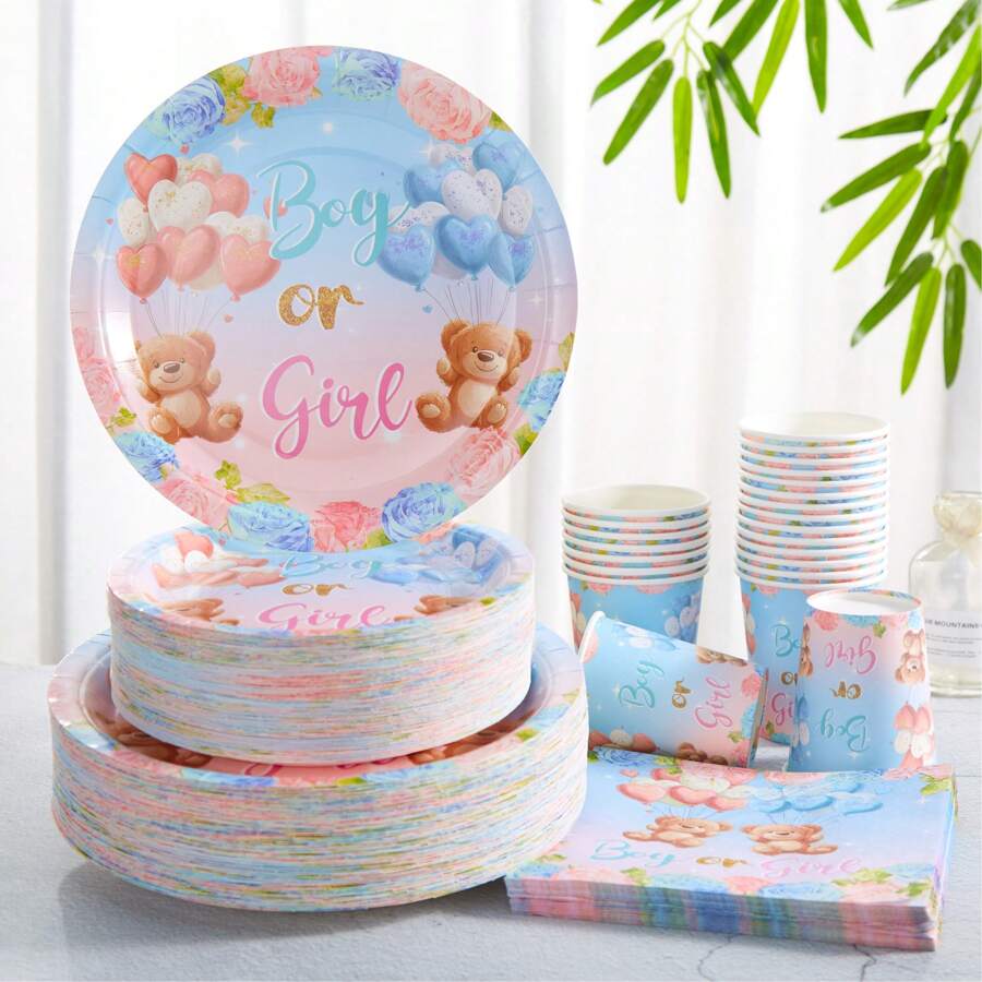 Teddy Bear Gender Reveal Disposable Tableware Set, 7/9 Inch Party Plates, Napkins, Cups, Birthday Party Gifts, Celebration Decorations Disposable Paper Plates, Napkins, Cups, Suitable For Birthday Theme Party Supplies