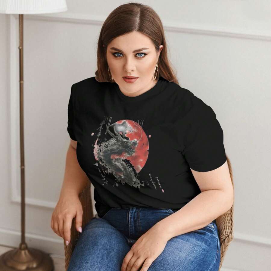 Kanji Print T Shirt For Women'S, Casual Fashion Round Neck T-Shirt Shirt Tops