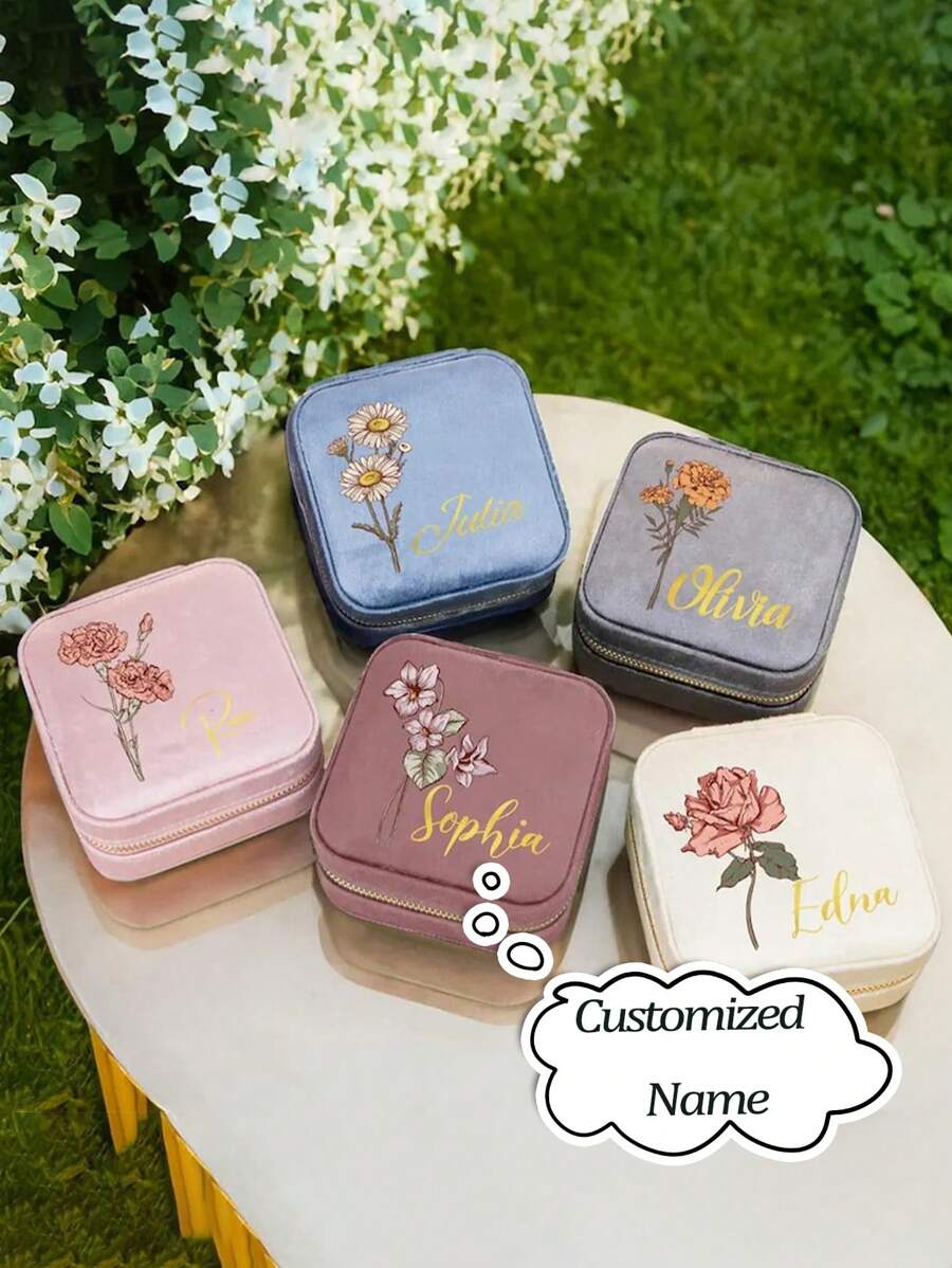 Boîte de rangement rond personnalisé avec fermeture éclair, sac de transport pour fleurs et texte, boîte de rangement en velours pour bijoux Saint-Valentin, boîte de rangement portable et compacte pour bijoux, nouvelle boîte de rangement portable ronde pour bijoux, boîte de rangement en velours pour bijoux de voyage, petit écrin rond portable de style coréen pour boucles d'oreilles, colliers, bagues et ongles, boîte de collection pour bijoux antioxydante