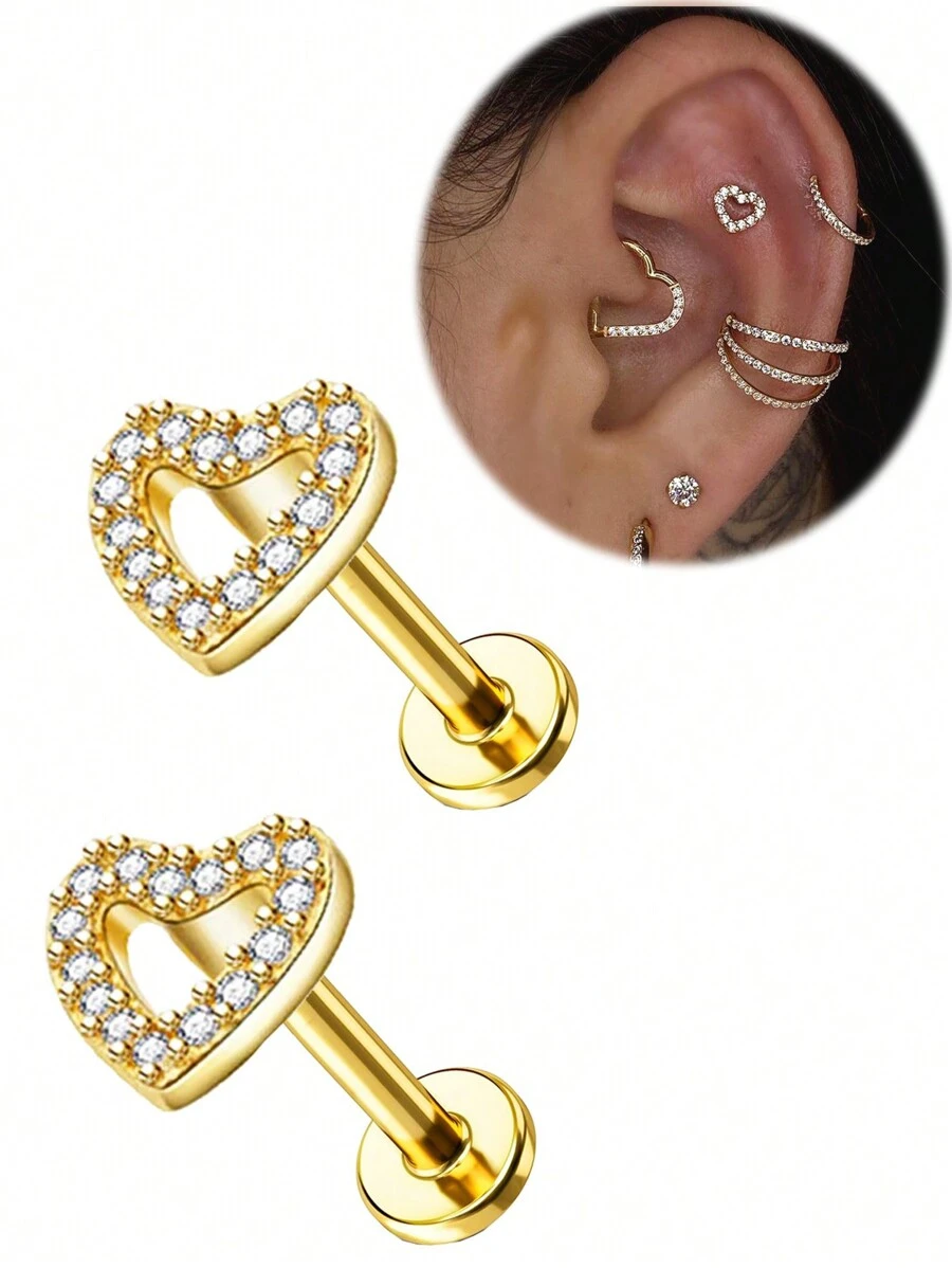 AVYRING 1pc Heart Tragus Cartilage Earrings Stud Labret Jewelry Flat Back Cartilage Helix Earrings Piercing Jewelry For Women Internally Threaded 8mm Women Gift For Valentine's Day
