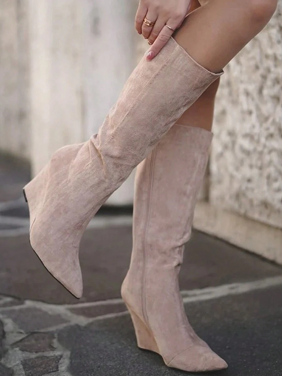 SERGIO TODZI Women's Solid Color Fashion Suede Wedge Heel Knee-High Boots