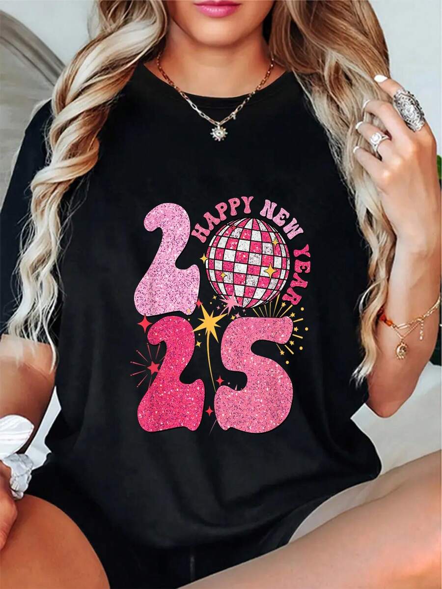 2025 Happy New Year Fireworks Party 2025 Family Matching T-Shirt Round Neck Short Sleeve T-Shirt Women's Men's Graphic Tee