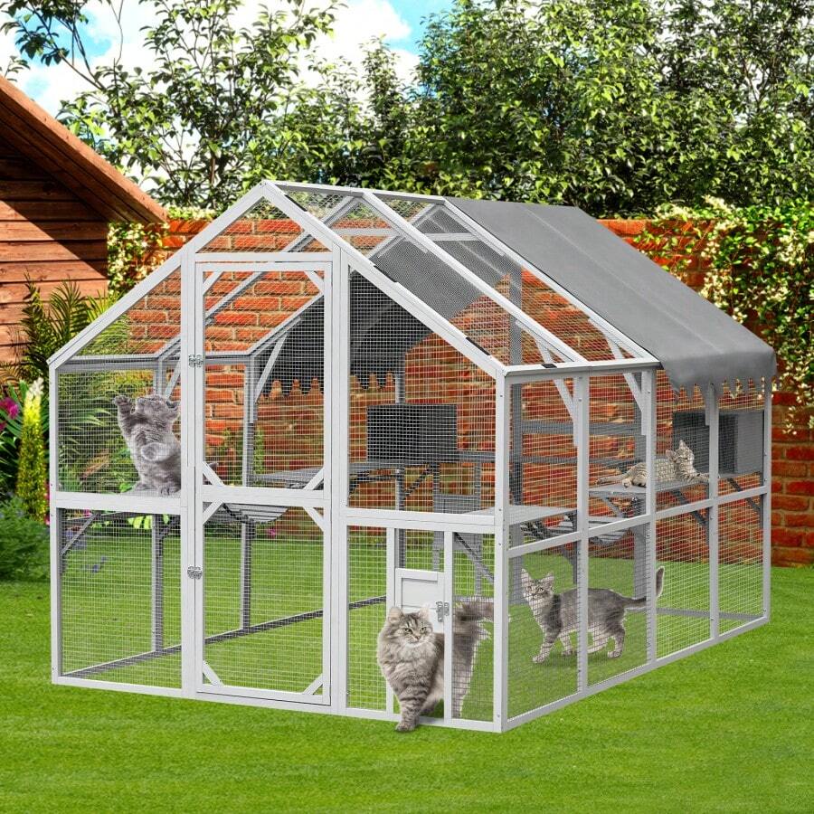 Outdoor Cat House Cat Enclosures 110" Large Kitten Playpen With Platforms,Upgrade Waterproof Cover-Grew&White
