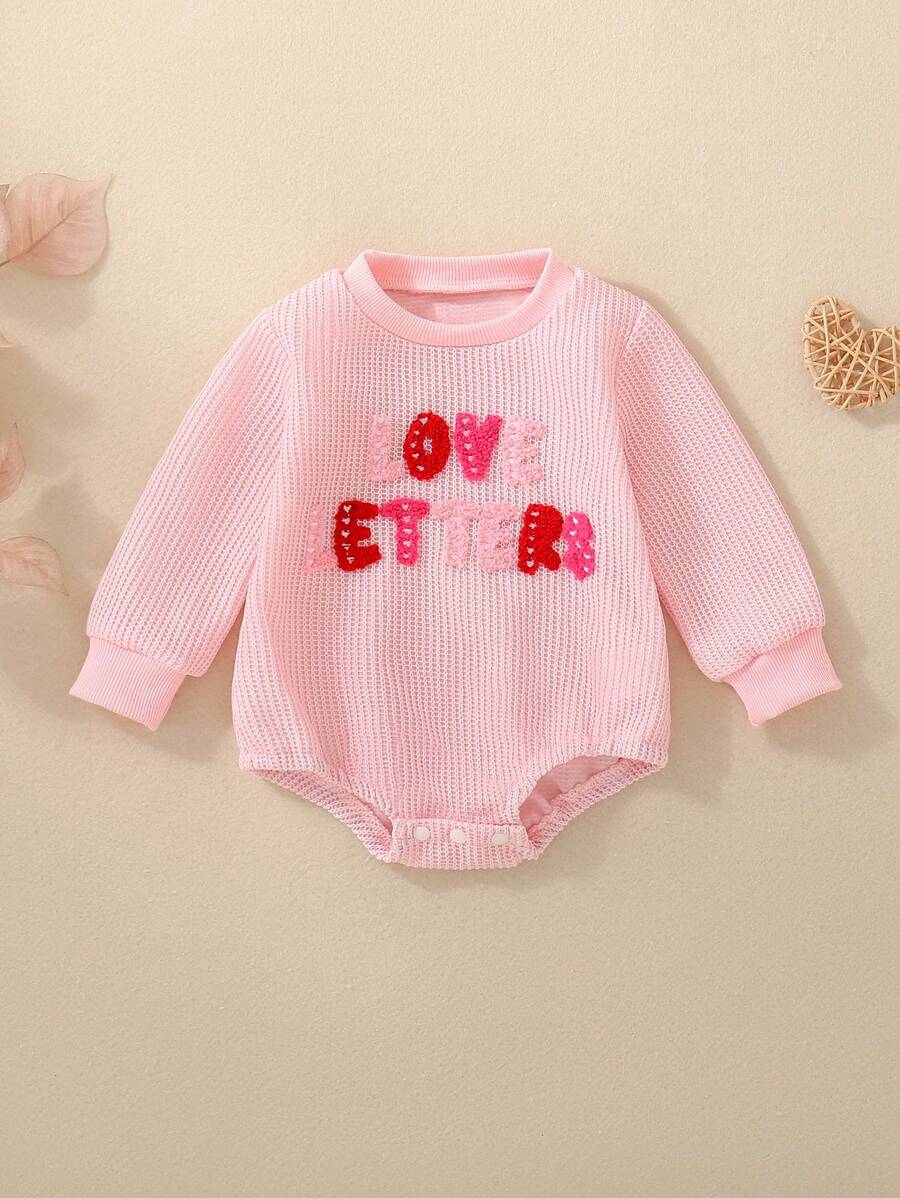 Baby Girls Love Letters Embroidery Pink Bodysuit, Cute Essential For 0-2 Years Old Baby For Valentine's Day