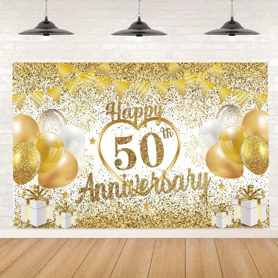1 pièce, décoration de toile de fond pour le 50e anniversaire de mariage, blanc et or, "Happy 50th Anniversary" (50e anniversaire de mariage heureux), toile de fond dorée pour photographie, utilisée pour la décoration de la fête du 50e anniversaire de mariage, décoration de la maison, décoration de la pièce, studio de photographie.