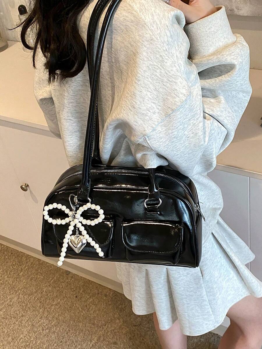 Large Capacity PU Tote Bag, Minimalist & Fashion Office Lady Shoulder Bag, Multi-Pocket Solid Color Personalized Handbag