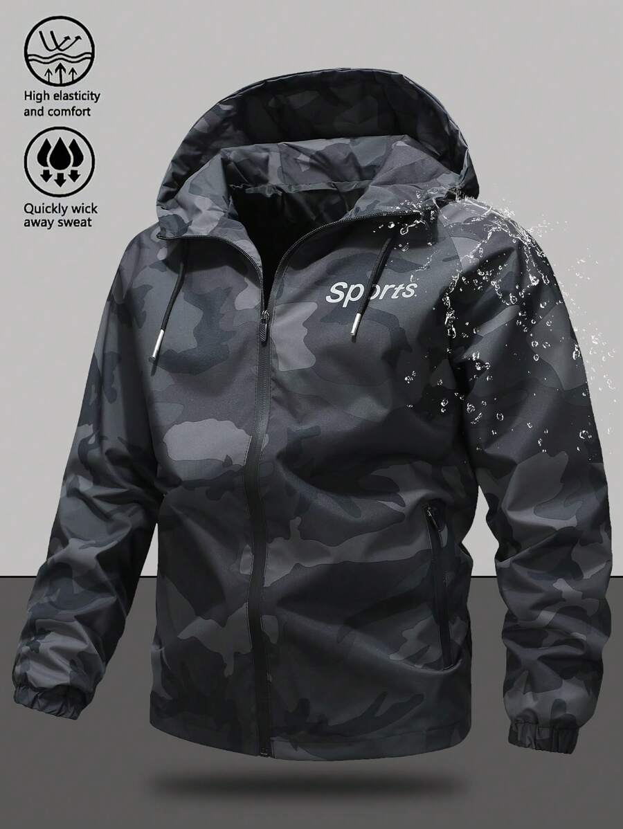 Chaqueta casual y resistente al agua para hombres con estampado de letras, de estilo camuflaje versátil para actividades al aire libre, ropa casual de moda para todas las estaciones