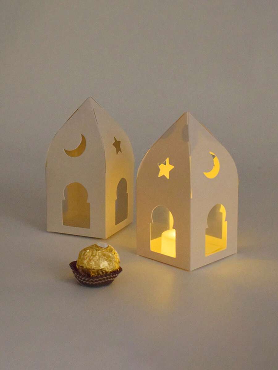 7 Peças Caixas de Presente de Papel Dobrável Transparente com Estrela Branca Oca e Lua, Forma de Castelo Minimalista Embalagem de Biscoito e Doces