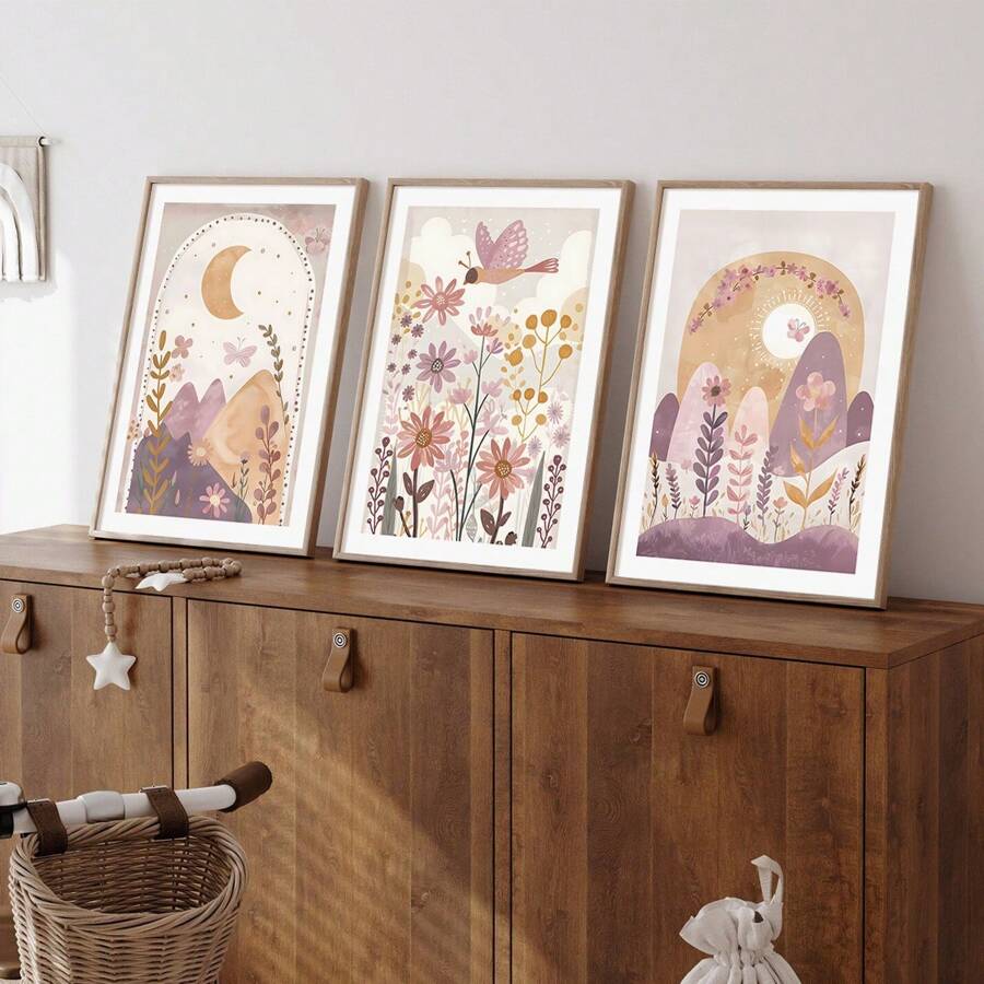 Set Of 3 Cute Boho Flower Moon Sun Wall Arts Canvas Prints, Rama Decor, Wildflower Girls Room Decor Posters, Butterfly Floral Wall Decor, Neutral Soft Mauve Wall Art, Ideal Gift For Living Room, Bedroom, Office, Hallway, Home And Room Decoration, Unframed Rama Gifts Birthday Graduation