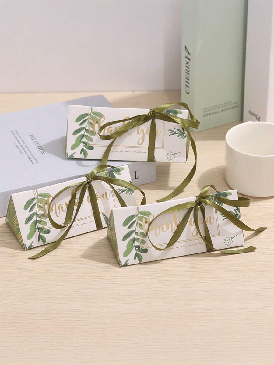 3/5 pièces Boîtes à bonbons triangulaires en forme de feuille, boîtes-cadeaux pour biscuits de mariage avec rubans, pour décoration de fête de fiançailles et d'anniversaire