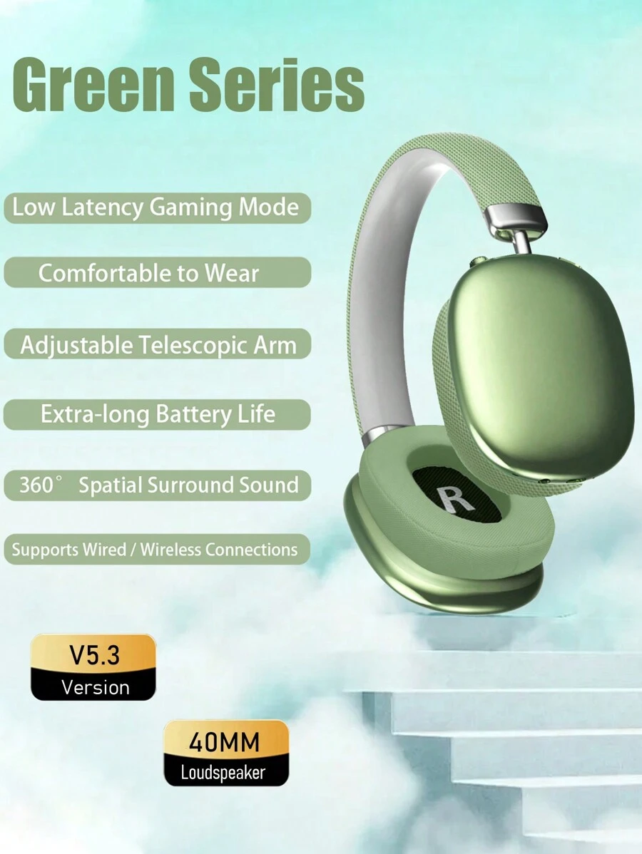 Auriculares inalámbricos inteligentes con montaje en la cabeza, a prueba de ruido, con batería de larga duración, compatible con tarjeta TF y entrada AUX, adecuado para juegos y deportes.
