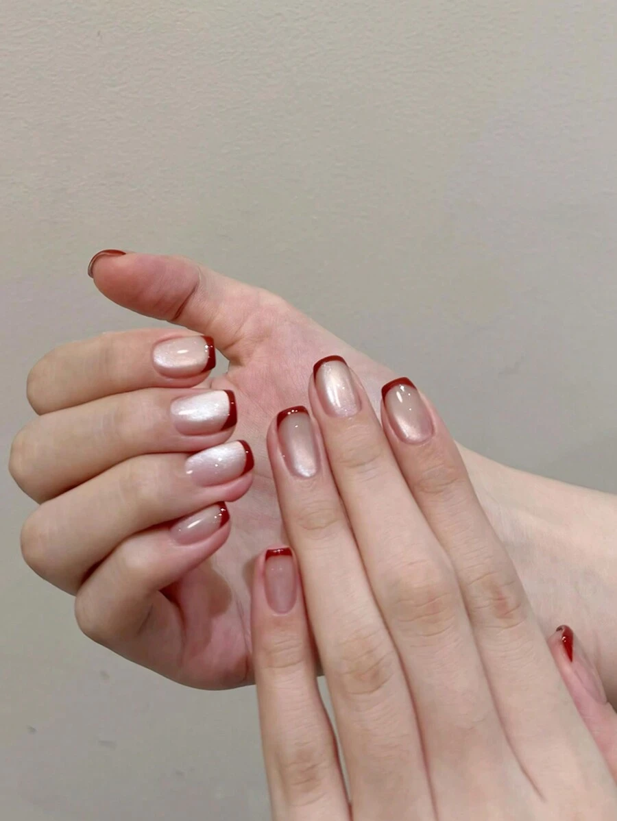 10pcs Short Square-Shaped French Burgundy Cat Eye Nail Art Sticker, Minimalist & Versatile, 3D Nail Decals For Elegant High-Quality Look, Reusable Nail Tips Suitable For Cosplay, Parties, Dates, Everyday Wear Nails For Valentine's Day Press On Nails