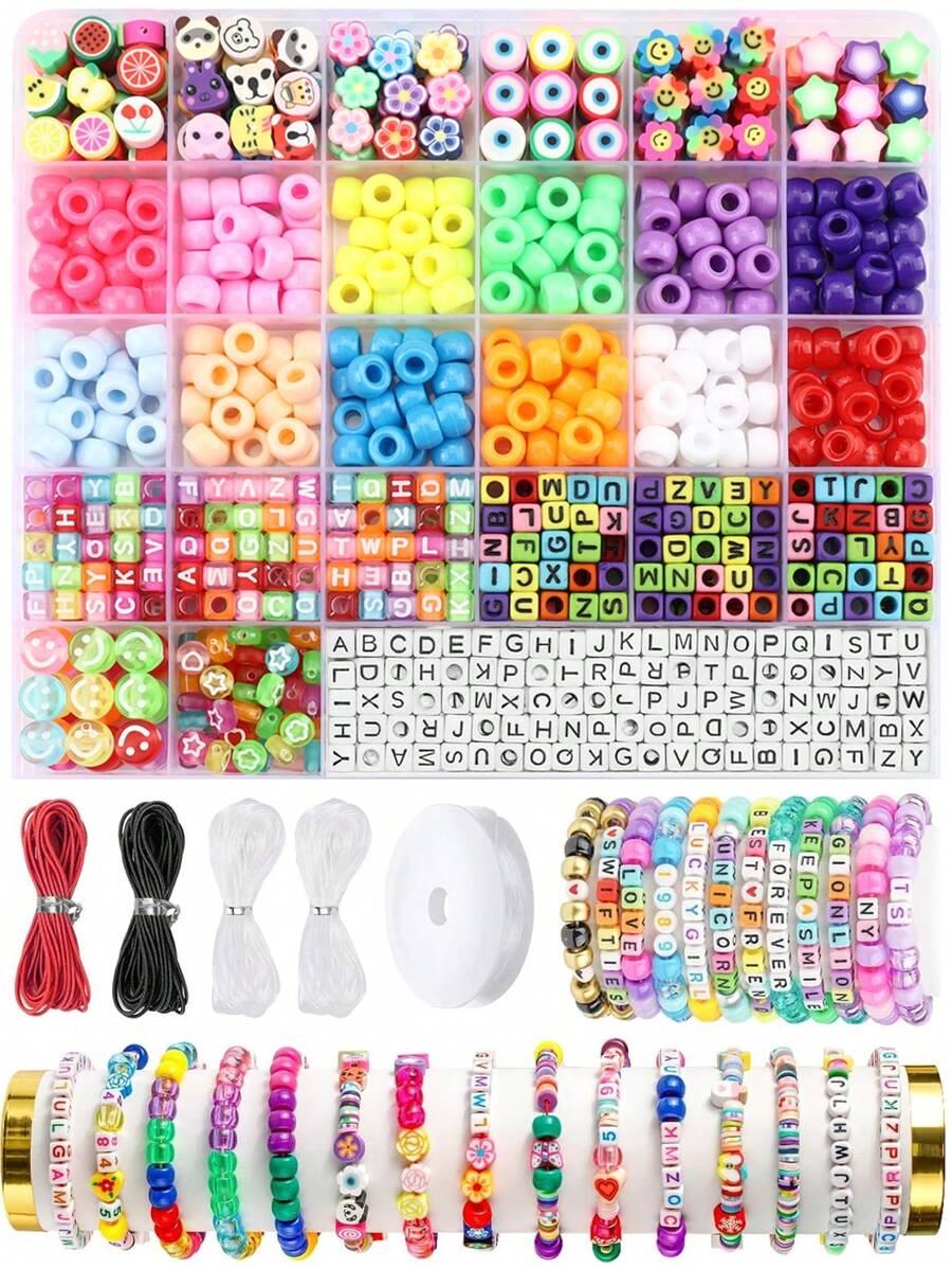 Kit para hacer pulseras con cuentas tipo pony, kit de cuentas para hacer pulseras de la amistad, kit con cuentas tipo pony, dijes, cuentas de flores de arcilla, cuentas con letras para hacer joyas, manualidades y regalos DIY
