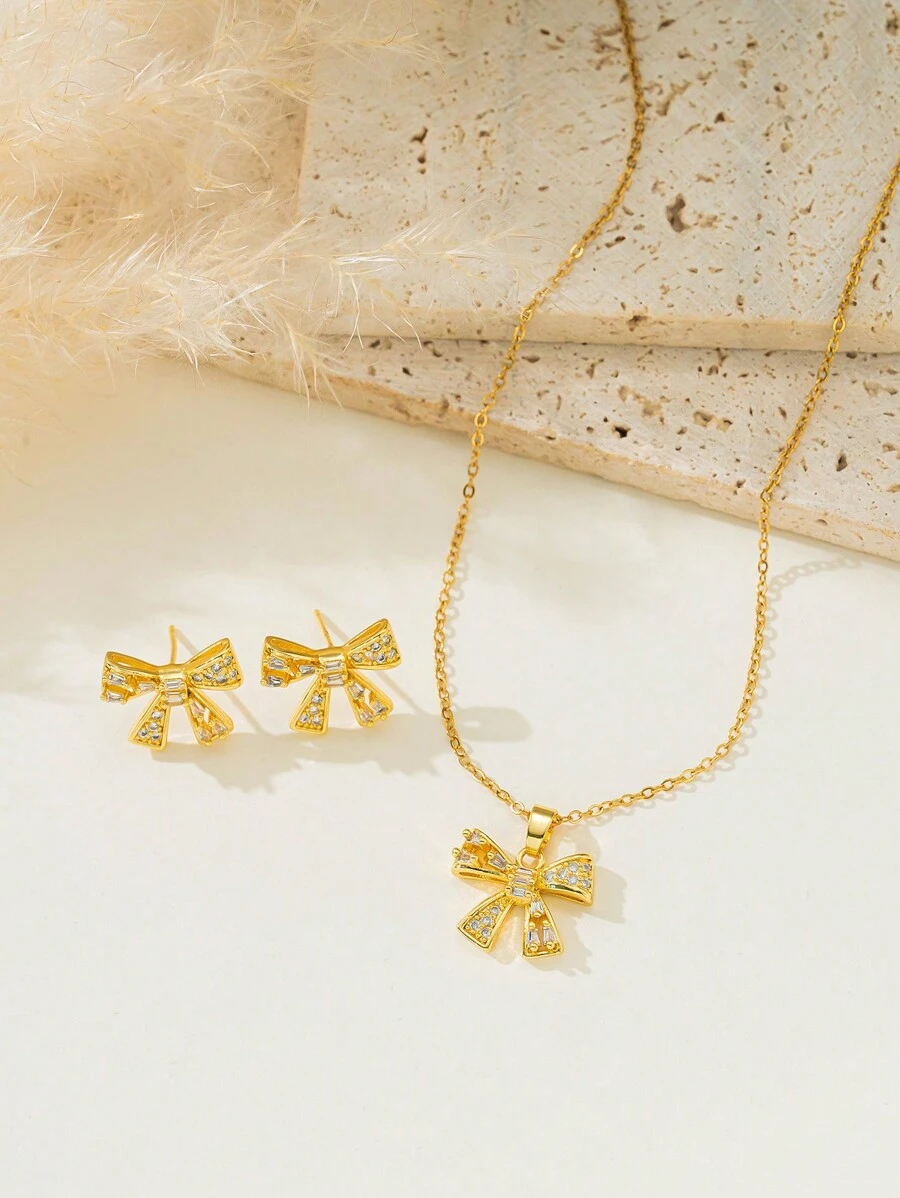 1 Set Stainless Steel Jewelry Bowknot Design Necklace & Earring Set, Minimalist Elegant Personalized Vintage Casual, Best Choice For Valentine's Day, Daily Wear, Party, Holiday (OPP Bag & Box For Shooting Only)