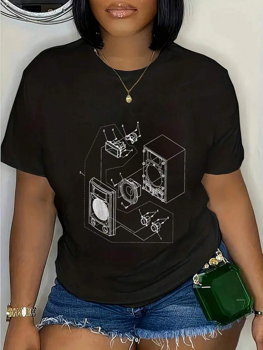 Vintage Blueprint - Speaker Audio Loudspeaker Retro Chart T-Shirt Round Neck Short Sleeve T-Shirt Women's Men's Graphic Tee