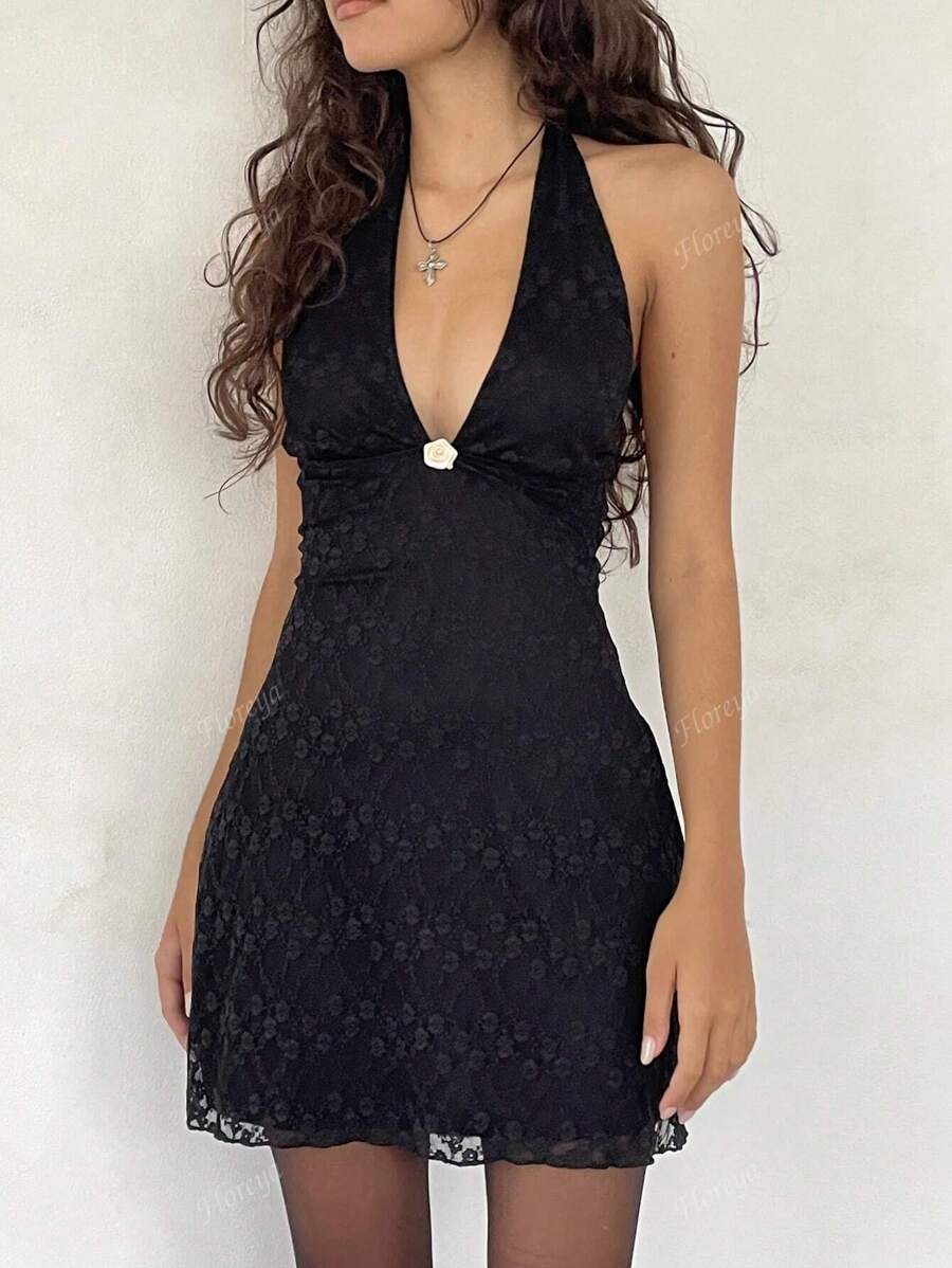 2025 New Arrival Vintage American Style Elegant Lace Halter Wrap Backless Deep V-Neck Bodycon Mini Dress With Rose Decor, Mature Sexy Fit & Flare Cocktail Party Dress, Holiday Summer