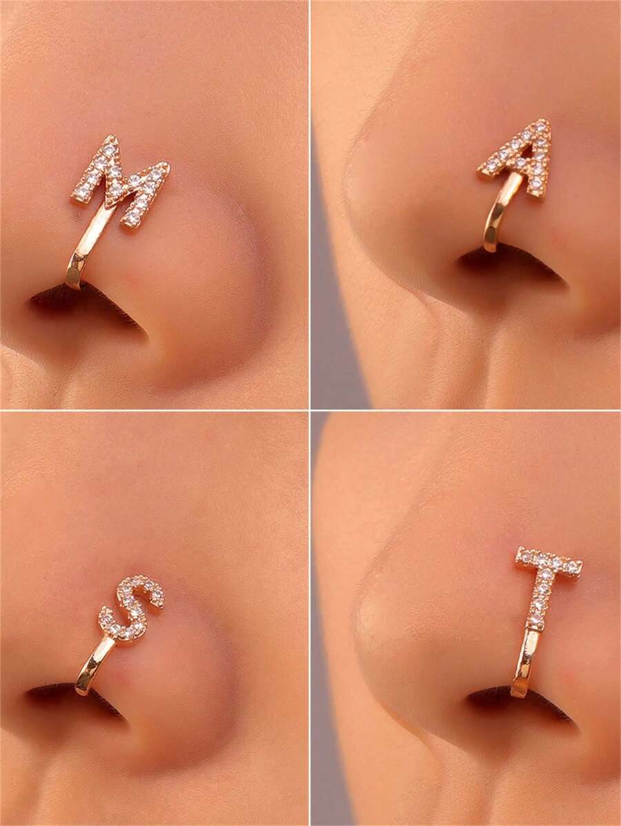U-förmiger kupferfarbener Nasenstecker mit Strass-Buchstaben-Dekor, Körperschmuck, Geschenk für Frauen & Mädchen