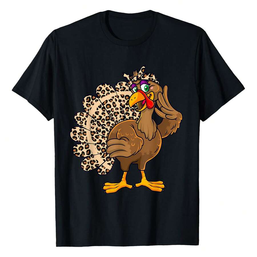 Thanksgiving Turkey Women Leopard Print Autumn Fall T-Shirt Women's 100% Cotton Casual T-Shirt, Soft And Breathable Fabric, Relaxed Fit Short Sleeve Crew Neck, Perfect For Everyday Wear, Outdoor Activities, Travel, And Layering, Effortlessly Stylish And Comfortable!