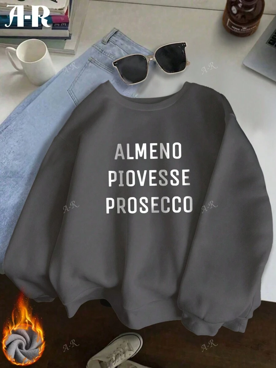 Minimalistyczny jednolity kolor, nadruki ze sloganem, damska bluza z kapturem Curve Oversize, jesień i zima, gruba tkanina, ciepła podszewka z polaru, podstawowy styl, bluza z okrągłym dekoltem, luźna, uniwersalna, uliczna, college, odpowiednia na zimną pogodę, odzież z długim rękawem, sporty na świeżym powietrzu
