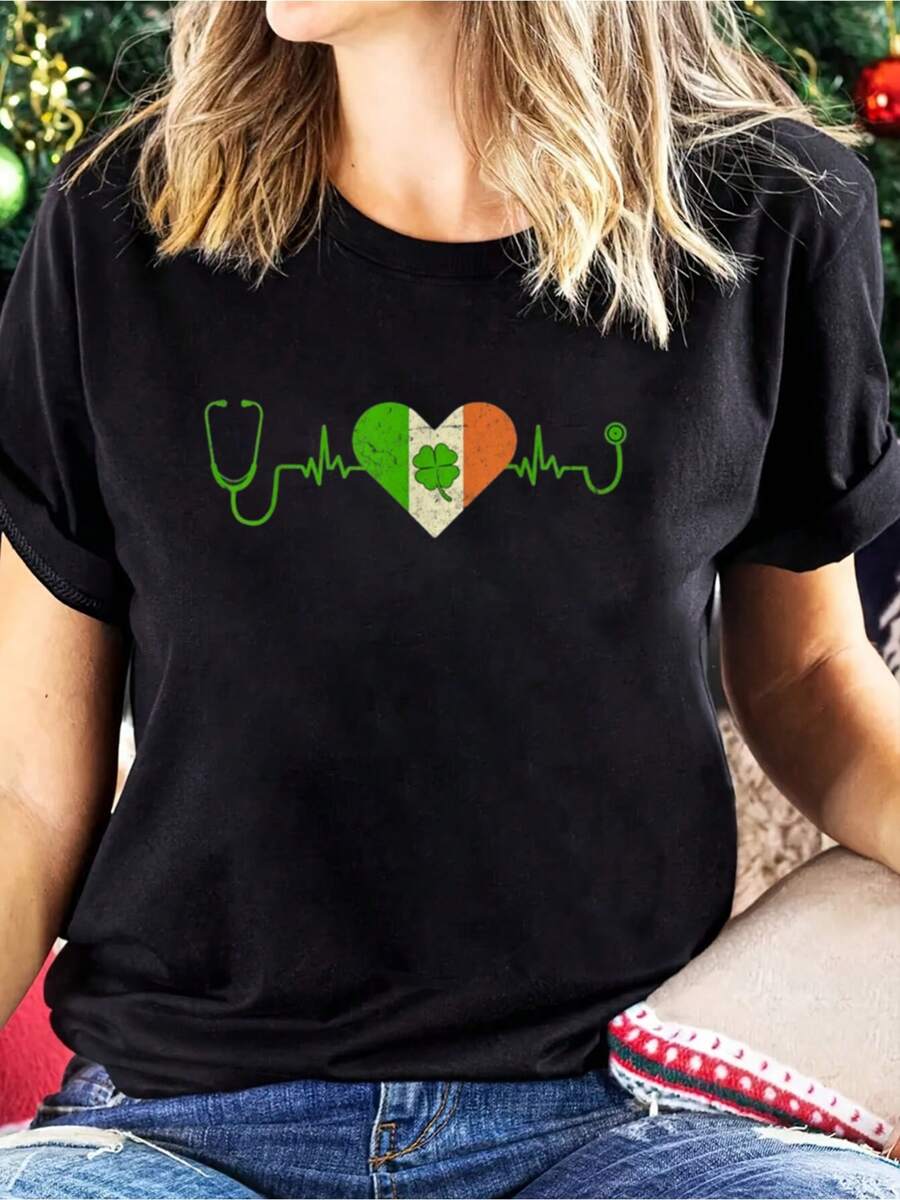 100% Cotton Stethoscope Heartbeat Heart Irish Nurse St Patrick's Day T-Shirt