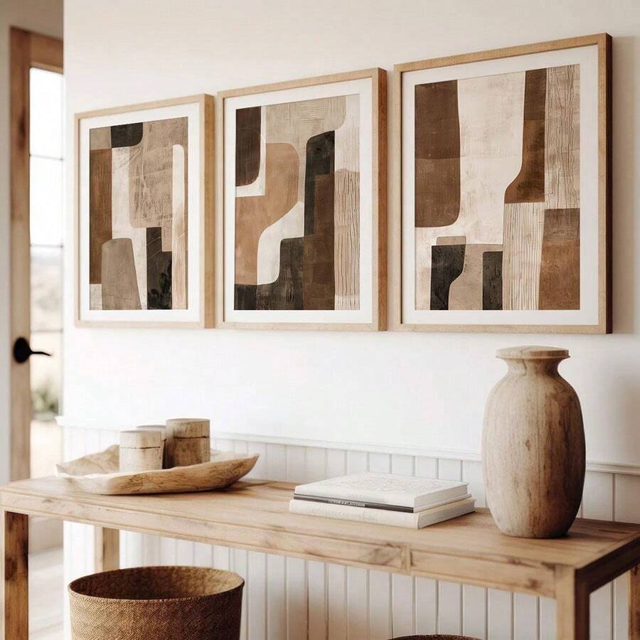 Conjunto de 3 cuadros abstractos en tonos marrones y beige neutros, grandes impresiones de arte abstracto en lienzo, decoración de pared moderna bohemia, decoración de primavera, decoración de interiores, obra de arte para sala de estar, dormitorio, cocina, bar, cafetería, oficina, pasillo, decoración del hogar y de la habitación, sin marco