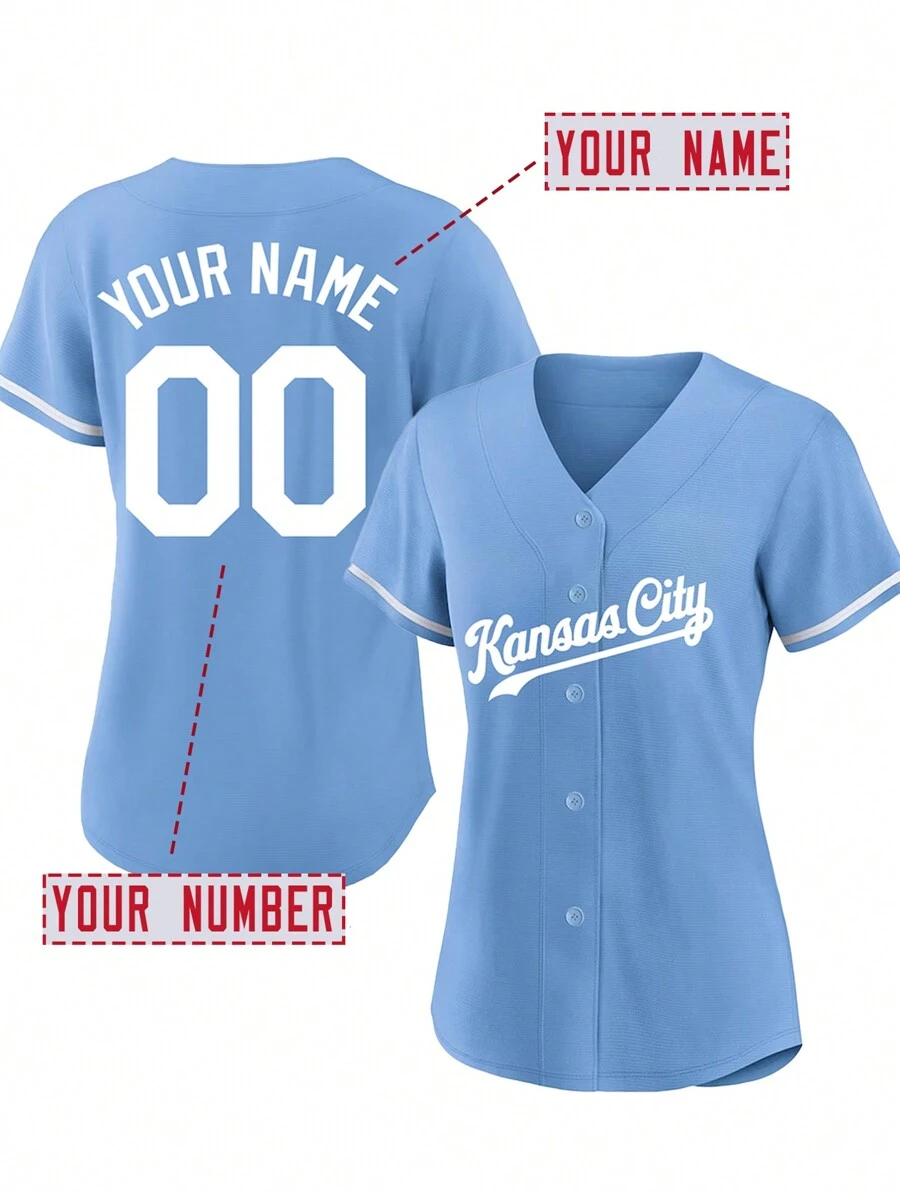 Maglietta da baseball personalizzabile con nome e numero, ricamata, scollo a V, in stile Kansas City, blu, con bottoni, maniche corte, personalizzata, per feste, allenamenti, competizioni sportive, taglie dalla S alla XXL, fai da te