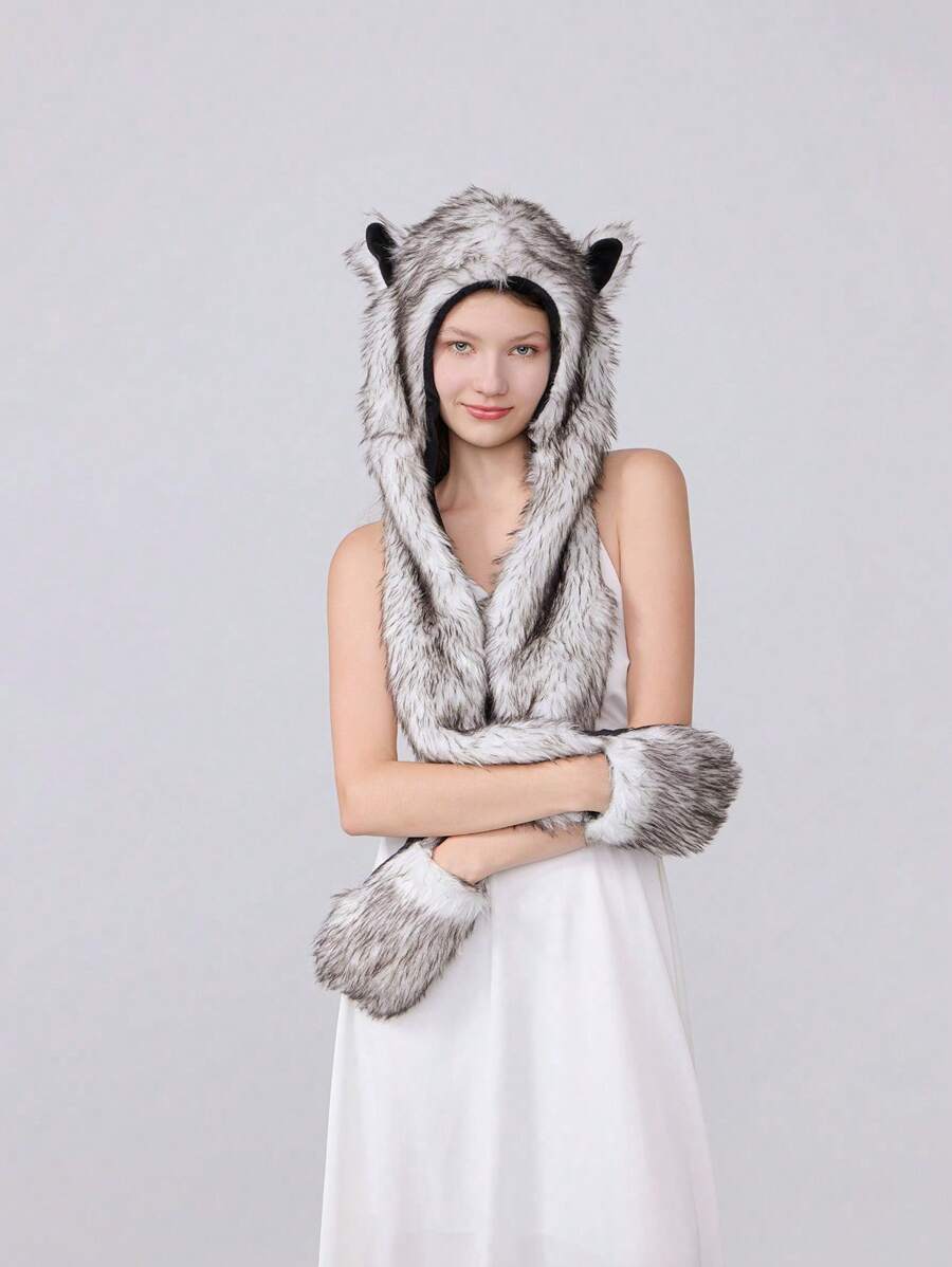 1pc Animal Print Vintage Party Polyester Plush Long Gloves & Hat Set, Halloween, Carnival, Christmas Stage Costume Accessories