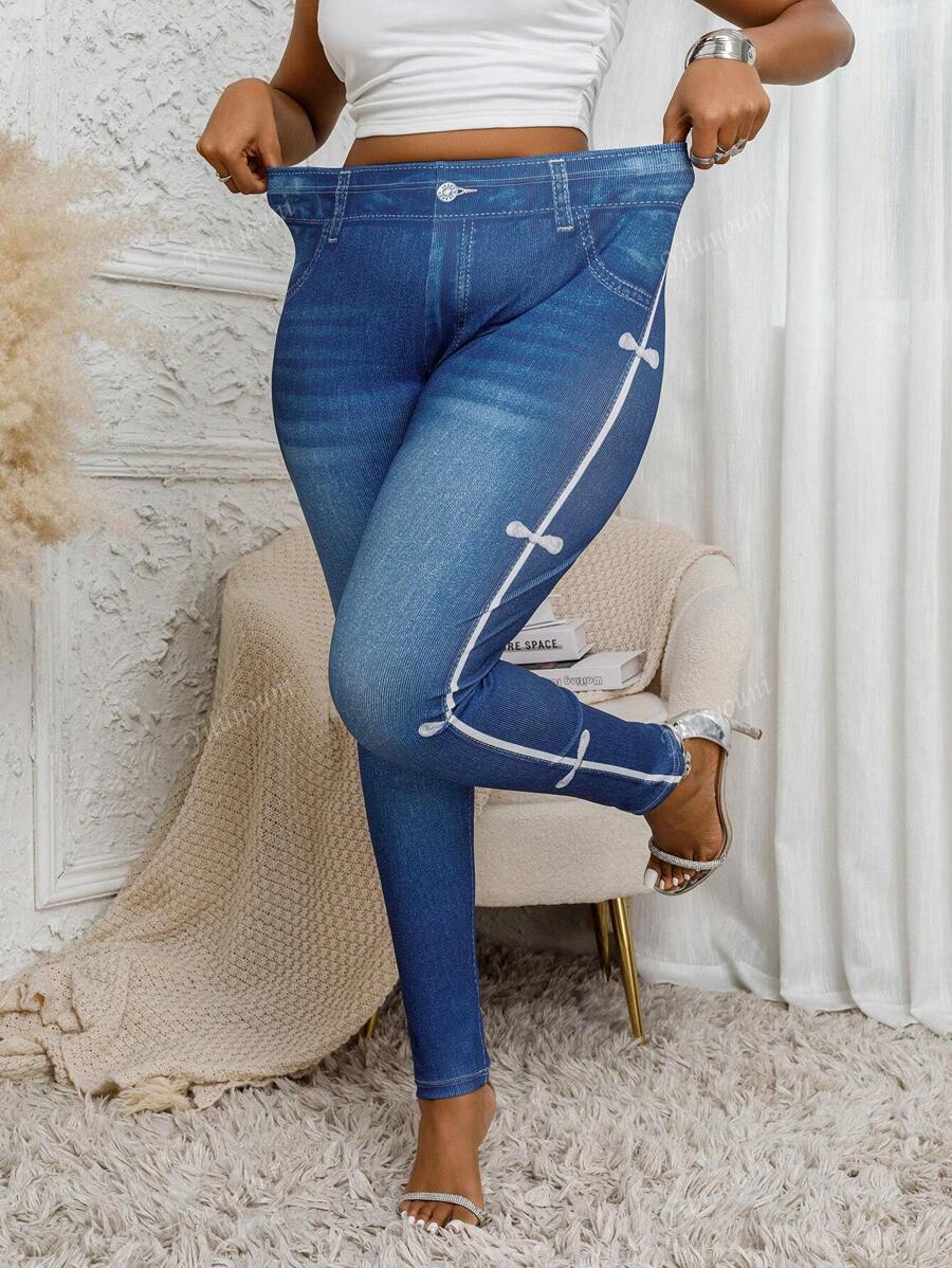 Plus Size Women's Tight Jeggings With Bowknot Side Print Design, High Stretch Elegant Skinny Sports Pants