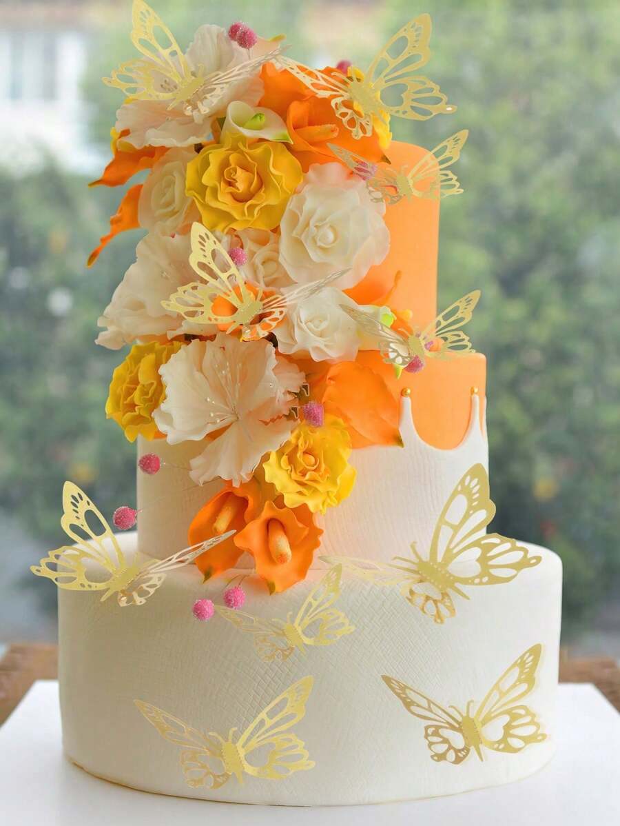 12pcs 3D Golden Butterfly Cake Topper Decorations, Suitable For Birthday, Wedding, Anniversary Party Cake Baking