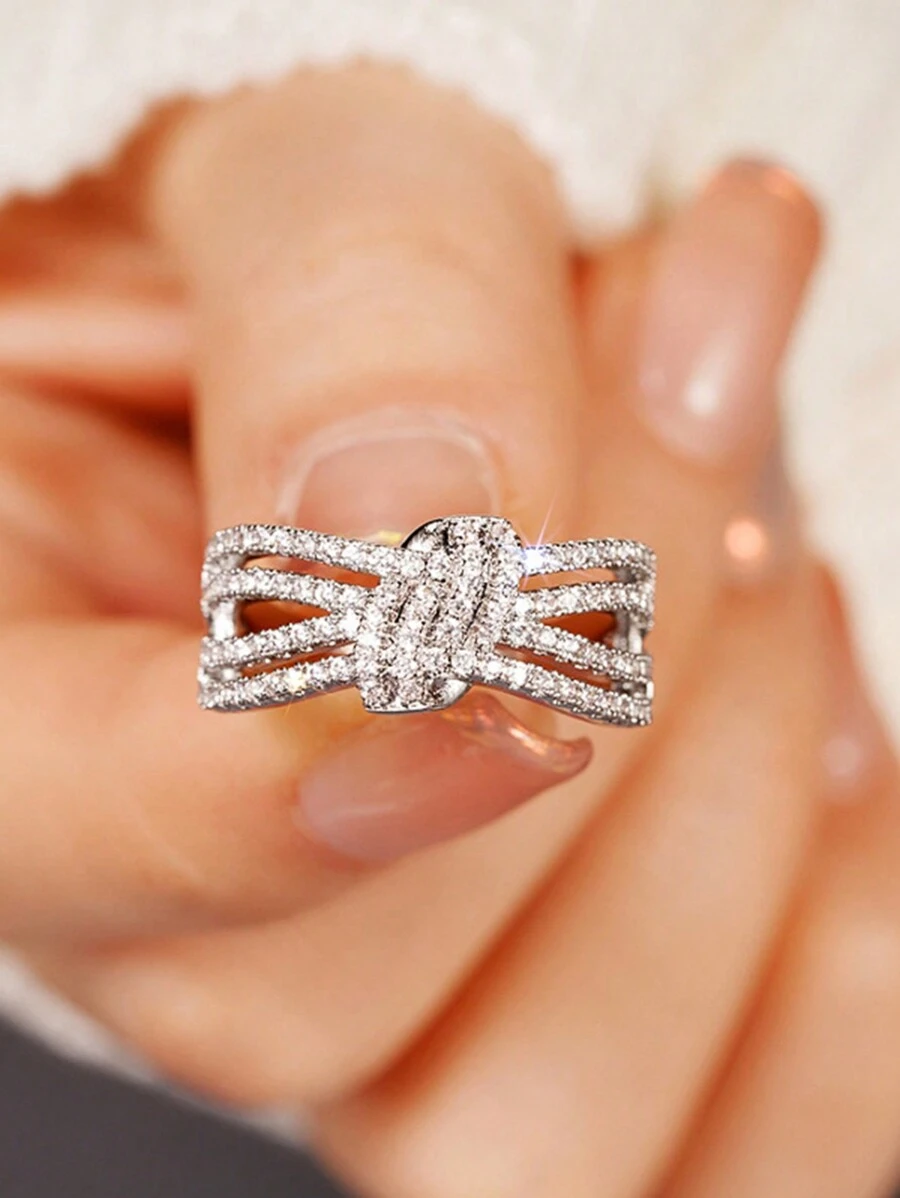 Stylever 1pc 925 Sterling Silver Shiny Zirconia Multi-Layer Bow Rings Ladies Jewelry For Women Basic Single Ring Fine Jewelry For Girls Birthday Prom Party Gifts