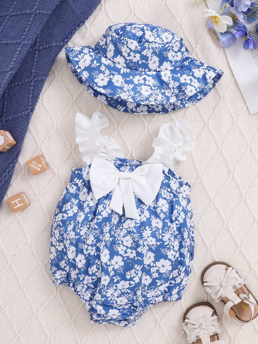 2pcs/Set Baby Girl Blue Floral Allover Print White Lace Sling Romper & Hat Set, Spring/Summer