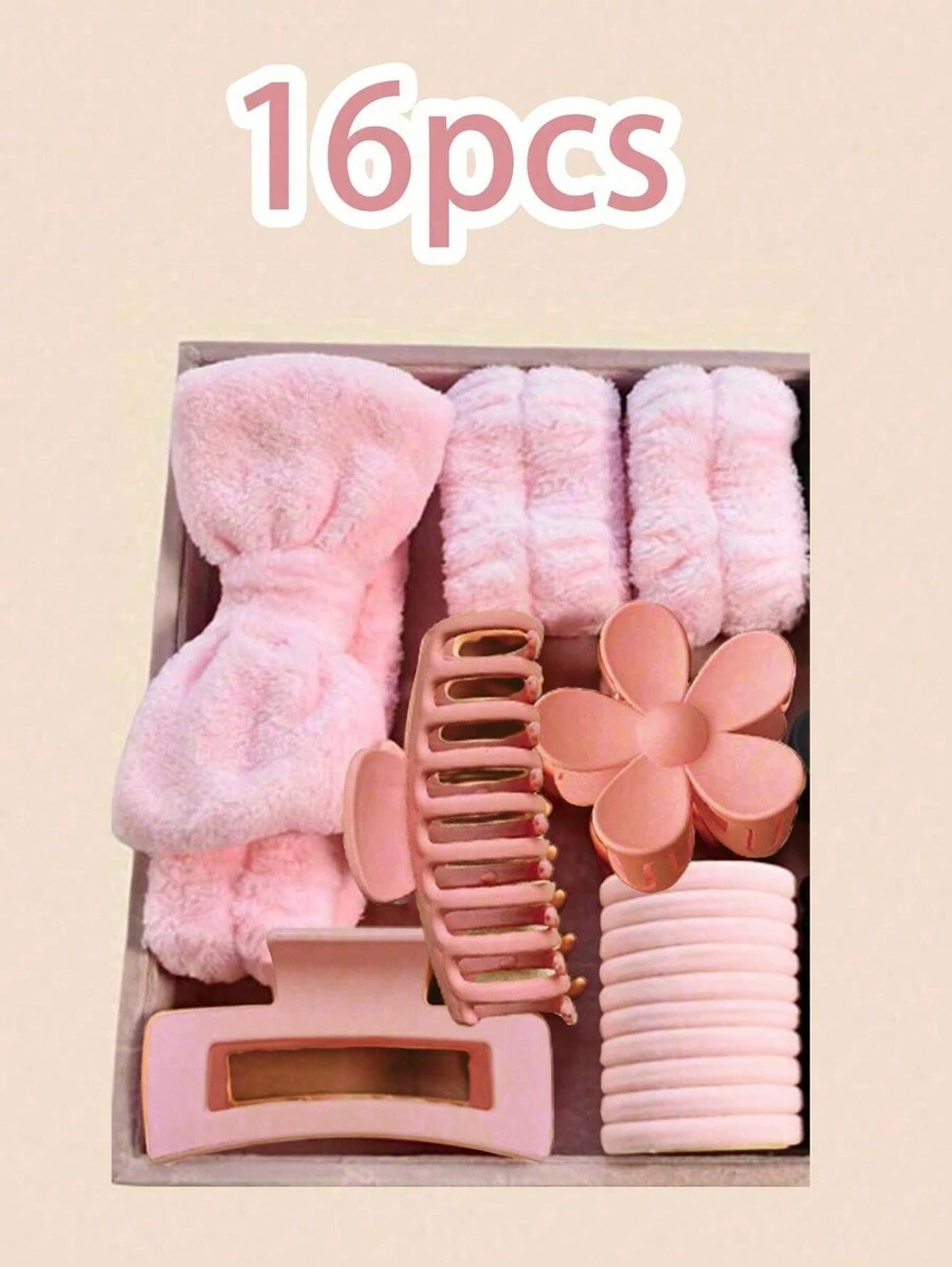 16 piezas Accesorios de color rosa que incluyen: diadema acolchada con forma de onda, muñequera, scrunchie esponjoso, pinza para el cabello con flor
