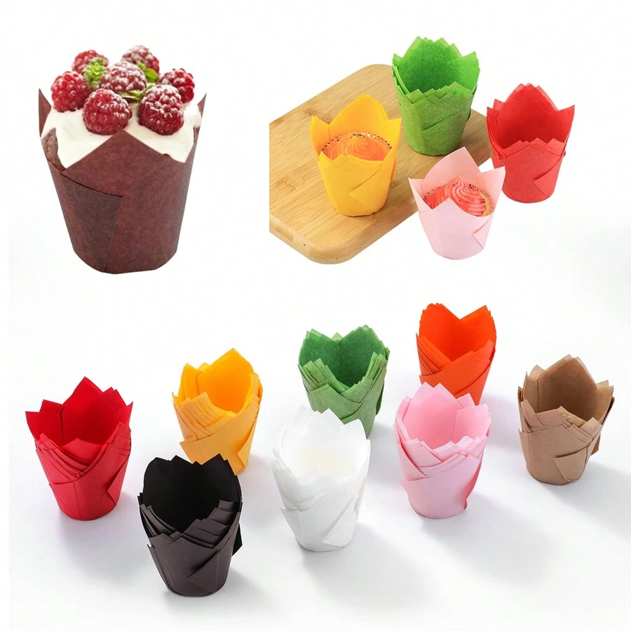 LIFETALK Solid Tulip Paper Muffin Cake Baking Cups