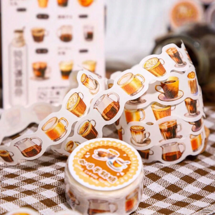 1 Roll MINI Coffee And Bread Doughnut Pattern Stickers On Roll Cutting Decor Sketchbook Aesthetics Scrapbooking DIY Collage Card Material Washi Tape Office & School Supplies