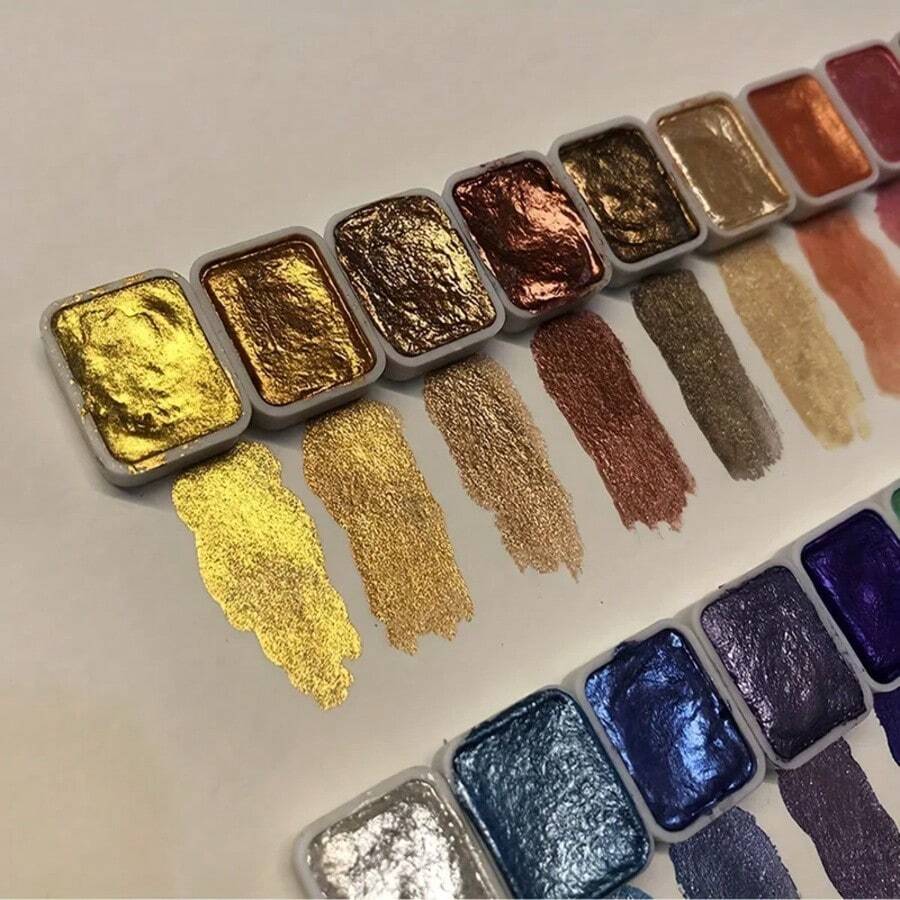 Metal Watercolor Painting Set, Portable Box With Shiny Pearls, Solid Watercolor Painting And Art Supplies, Watercolor