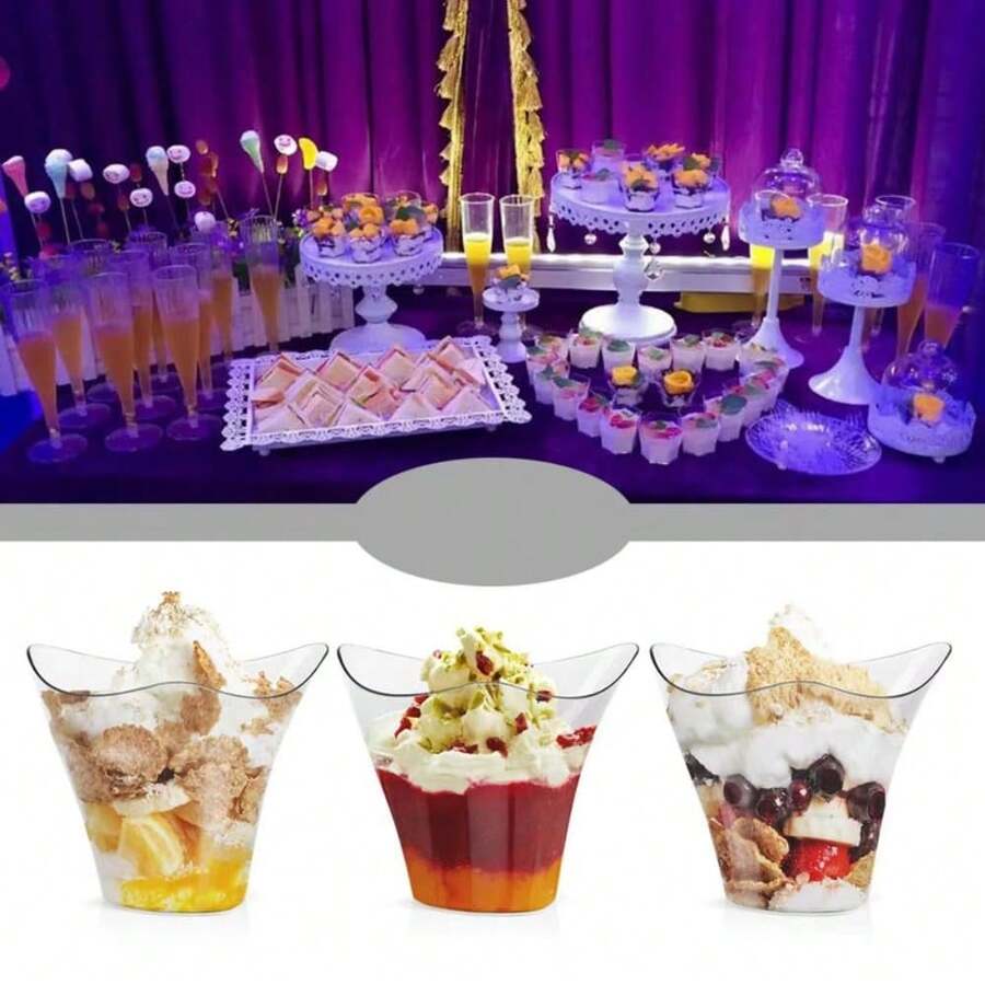 Set de 25/50 vasos de postre de plástico de 4 onzas, boles triangulares para helado y postre, boles de postre, vasos para aperitivos, boles para ensalada