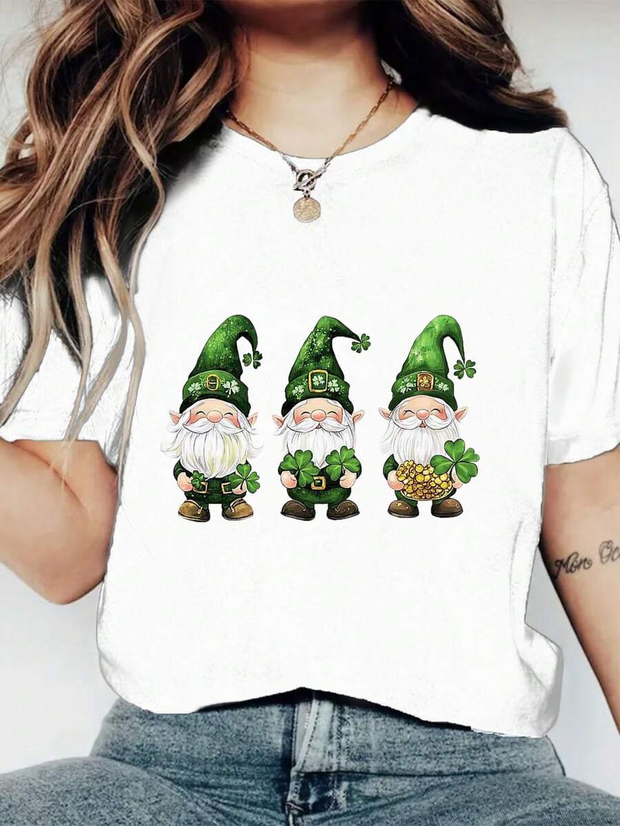 1 PC, 200g Lucky Print Crew Neck T-Shirt - Fashionable Graphic Print T-Shirt For Women - Casual Short Sleeve Crew Neck Top - Lightweight & Breathable For All Seasons Wardrobe, Polyester