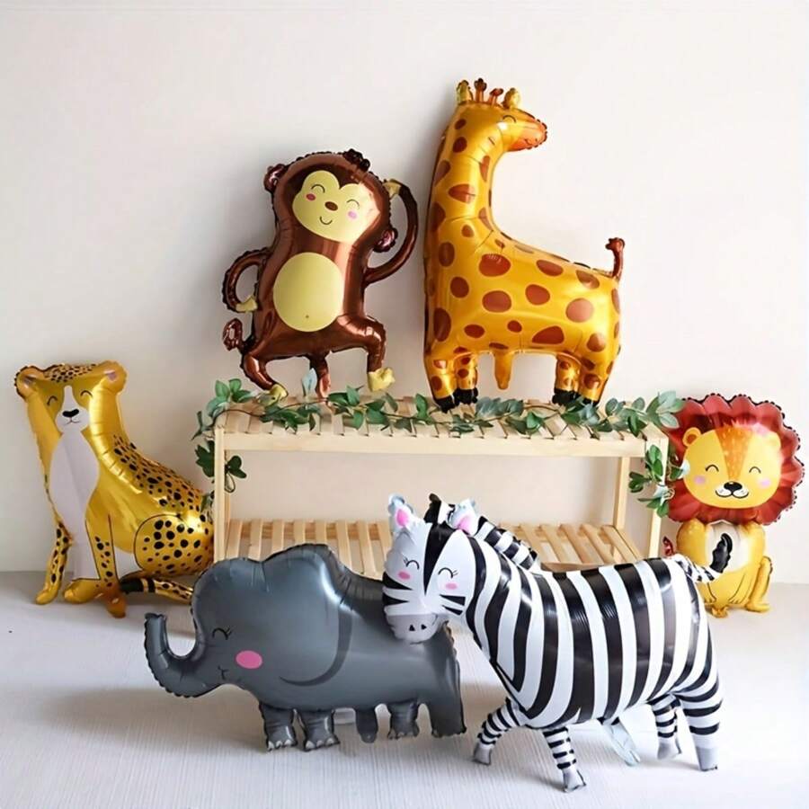 7 Stück Dschungeltier Folienballons Set, Cartoon Party Dekorationen, Affe, Giraffe, Leopard, Löwe, Zebra, Krokodil, Elefant, aufblasbare Dekoration für Outdoor-Feiern, waldgrünes Thema Ballon Dekoration, Gender-Enthüllungs-Party Dekoration, Kinderpartei Ballons