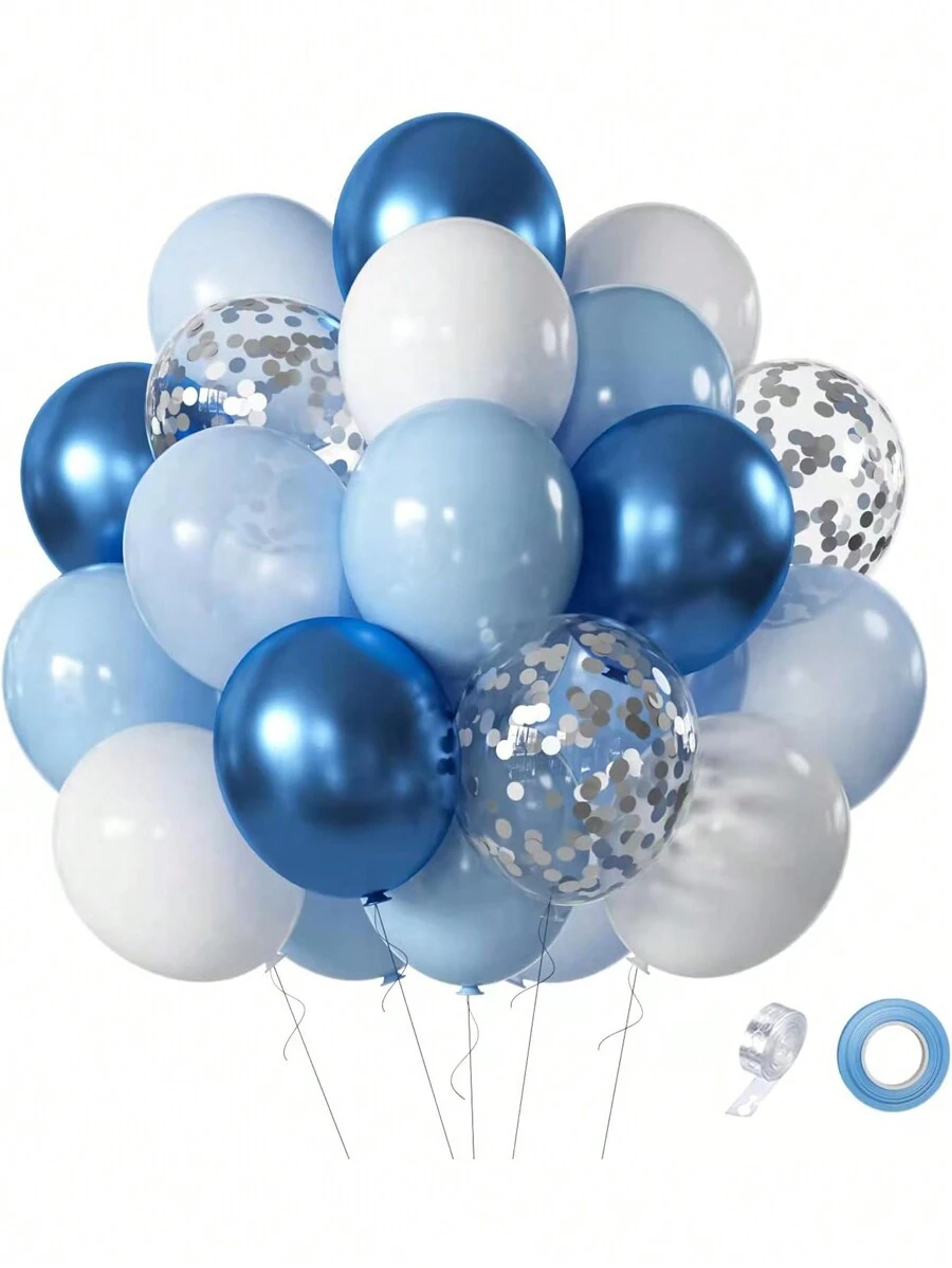 Zestaw niebieskich i białych balonów, 60/120 szt. 12-calowe metaliczne chromowane niebieskie balony Perłowe niebieskie balony Jasnoniebieskie balony Niebieskie i białe balony na baby shower, urodziny, wieczór panieński, dekoracje weselne