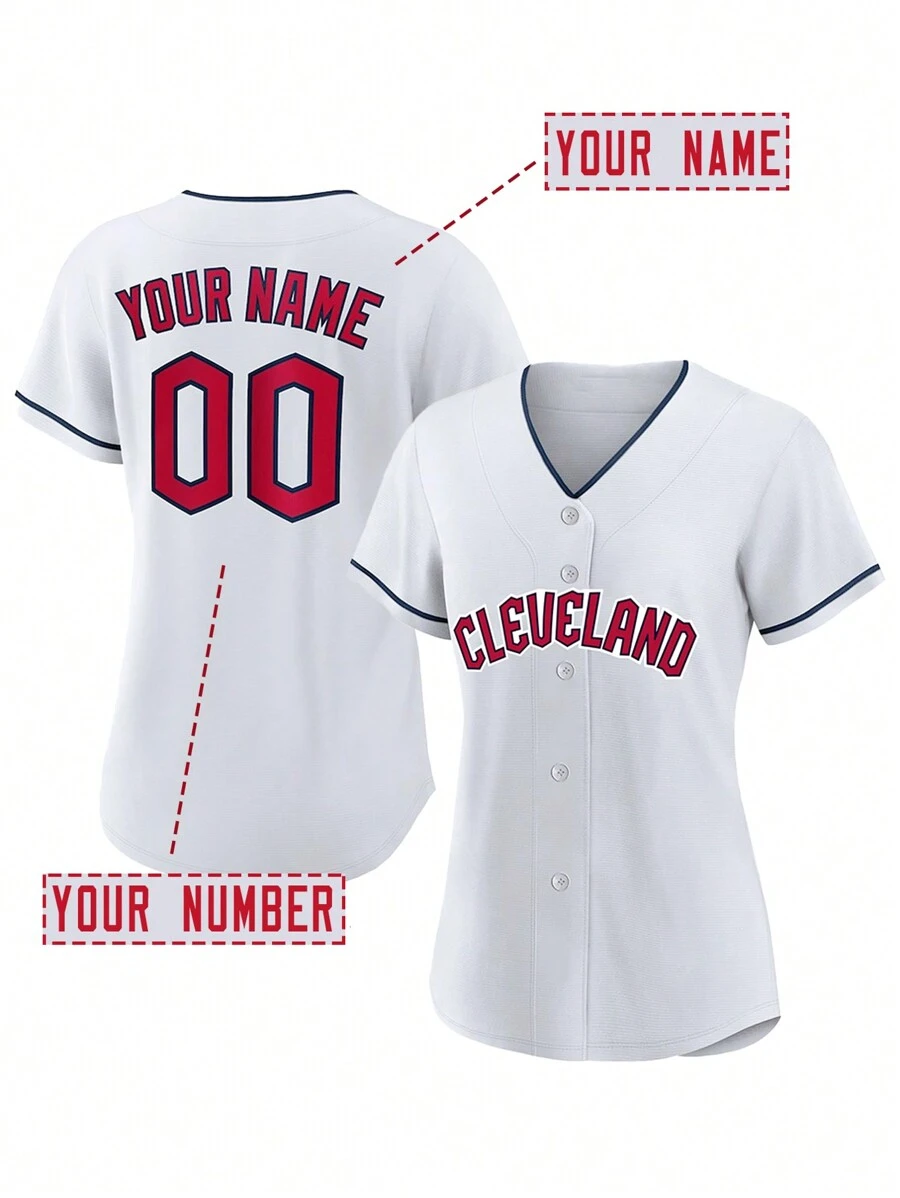 Customized Name And Number DIY Women's Embroidery Baseball Jersey Cleveland White V-Neck Personalized Short Sleeve Button Down Shirts Party Games Training Competition Sports Tops S-Xxl DIY