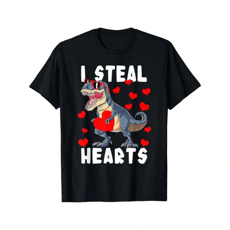 Dinosaur I Steal Hearts Men'S T-Shirts, Funny Valentine'S Day Novelty Graphic Letter Printed Tee, Short Sleeve Valentine'S Day Couple T-Shirt For Men Boyfriend Husband 100% Cotton