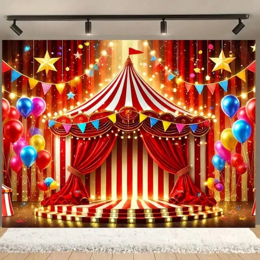 1pc Polyester Circus Themed Photography Background, Birthday Banner Supplies, Cake Table Photo Booth Party Decor, Multipurpose Portrait Photo Backdrop, No Power Required