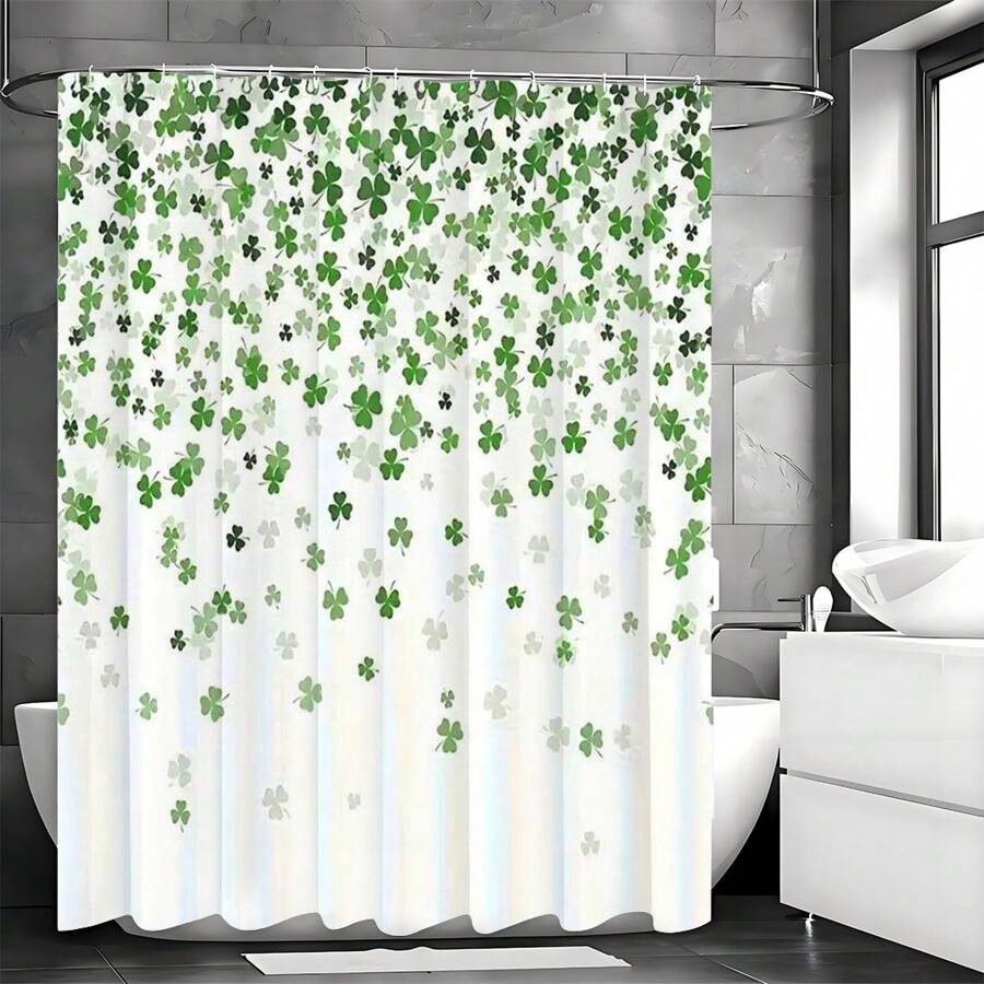 St. Patrick's Day Green Shamrock Bath Drapery Set With Hooks, Machine Washable, Cartoon Pattern, Grommet Eyelet Top, Water-Resistant Polyester, Woven Art Theme Novelty Bath Decor For All Seasons, Women Valentine Gift Birthday Boyfriend Girlfriend Home Bathroom Decor Summer Bathroom Accessories Back To School